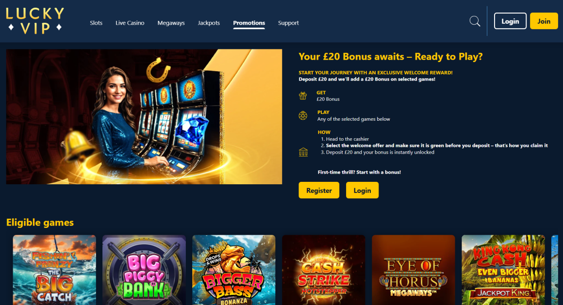 Lucky Vip Promo Code and New Customer Bonus Play with £40, Deposit £20