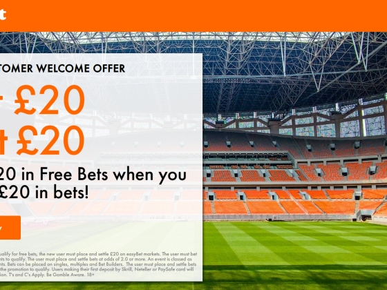 Use easyBet bonus code EB20 to bet £20 and get £20 in free bets. Exchange pricing, two-event rule, and full UK terms explained.