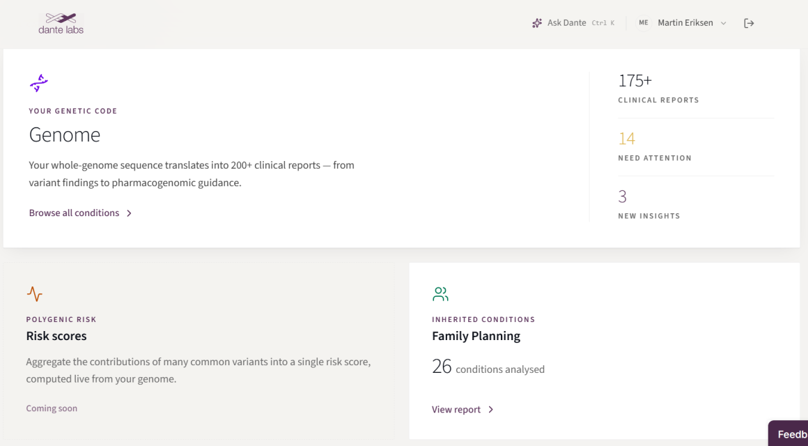 Genome Testing reports at Dante Labs