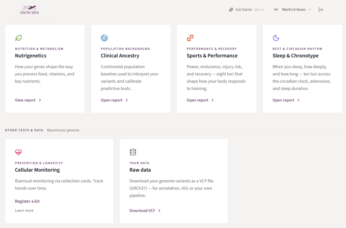 Dante dashboard showing Raw Data and future features