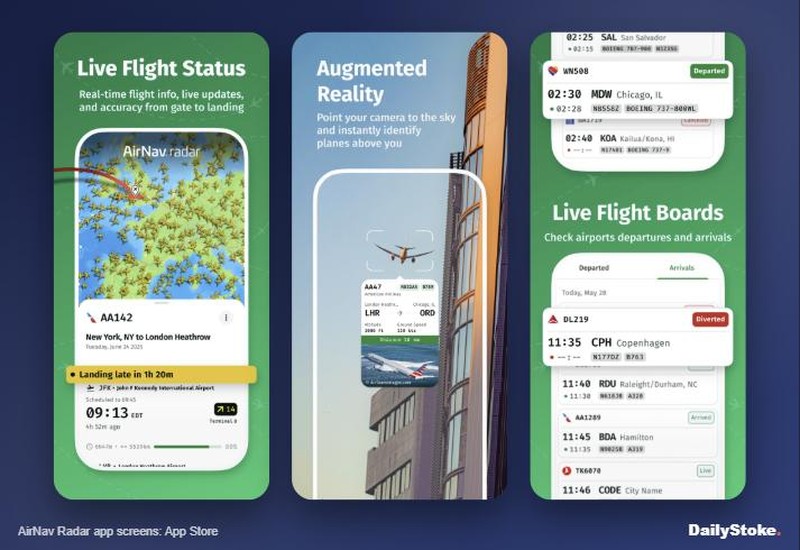 AirNav Radar app live flight status, AR spotting and airport boards