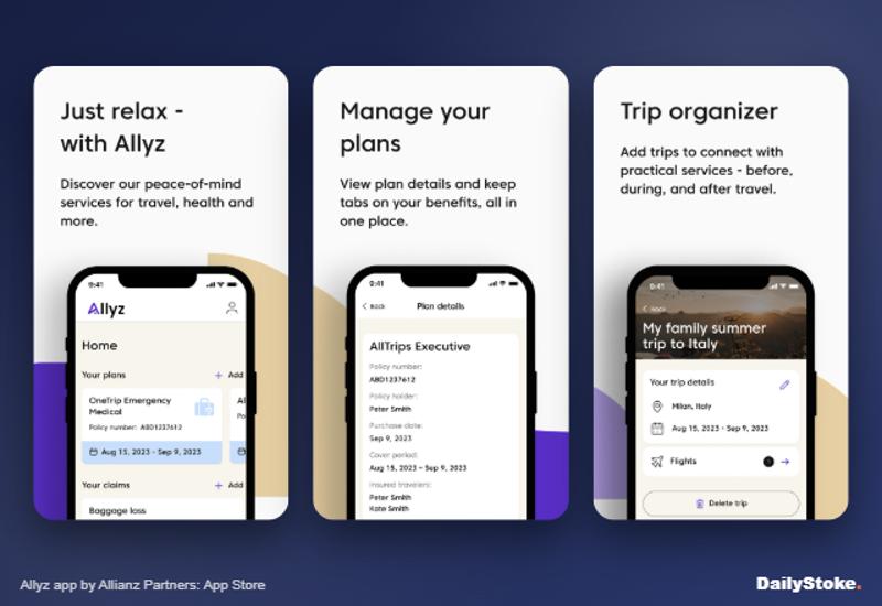 Allyz app by Allianz Partners showing OneTrip plan details and trips