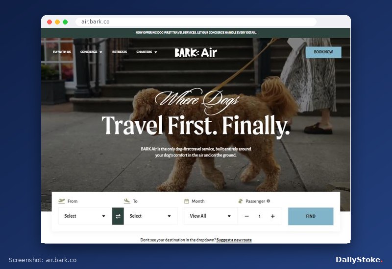 BARK Air dog-first private jet homepage with its route search