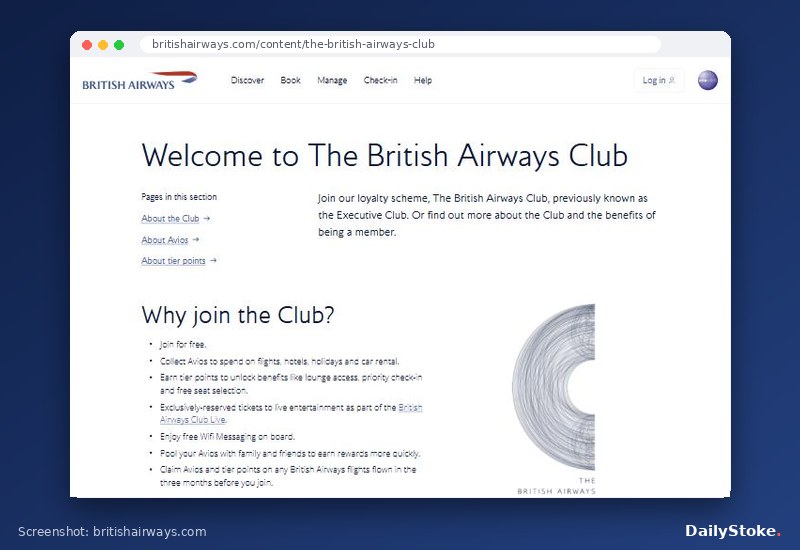British Airways Club welcome page listing reasons to join, britishairways.com