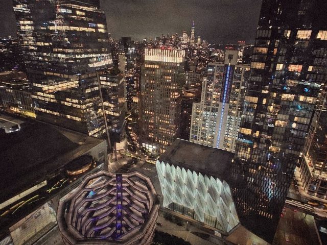Night view over the Vessel and The Shed from a high floor, Equinox Hotel New York review