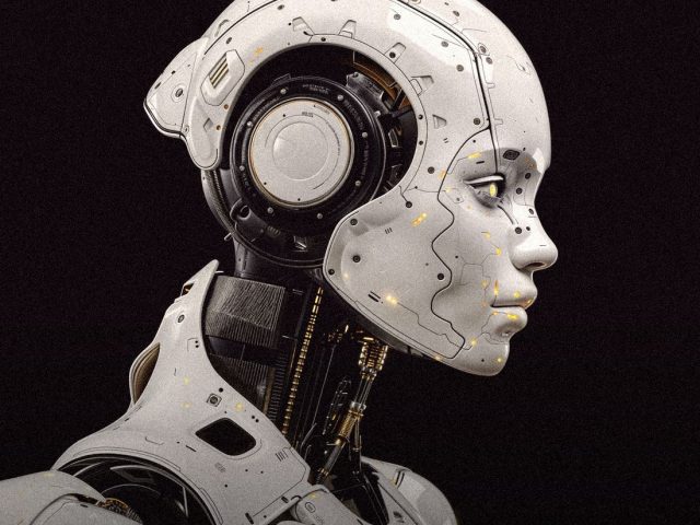 White humanoid robot head in profile, humanoid robots