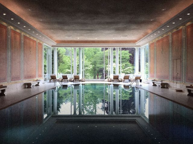 Indoor spa pool looking out to trees, new luxury spa hotels 2027