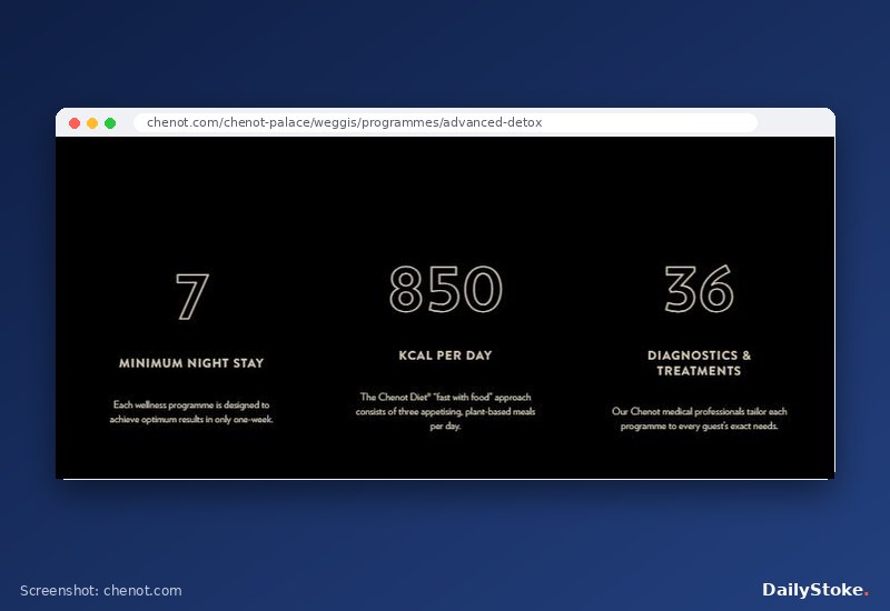 Chenot Advanced Detox page showing seven-night minimum, 850 kcal per day and 36 diagnostics and treatments, chenot.com