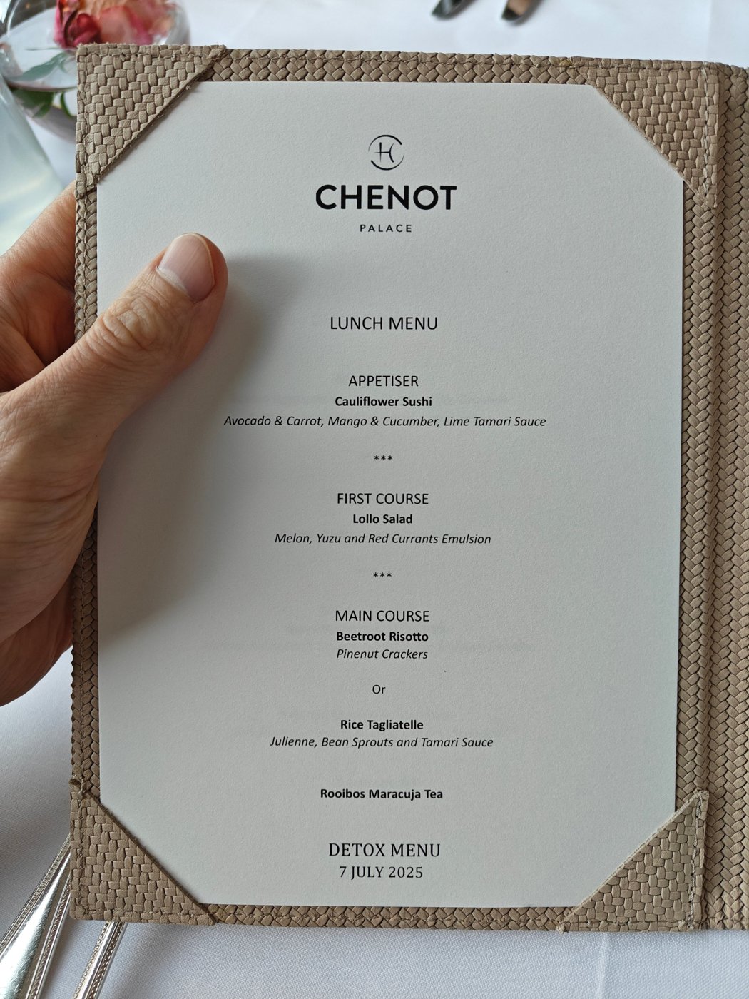 Printed Chenot Detox Menu lunch card dated 7 July 2025