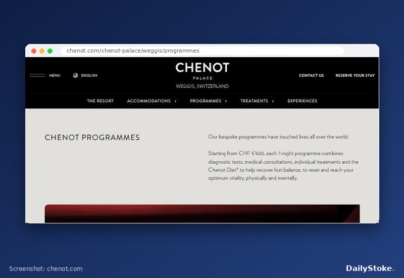 Chenot Palace Weggis programmes page stating each seven-night programme starts from CHF 5,500, chenot.com