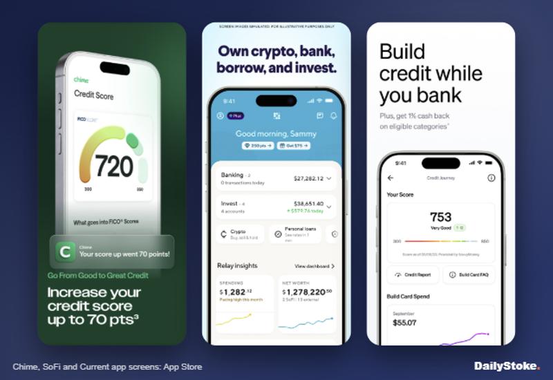 Mobile banking apps compared: Chime, SoFi and Current screens