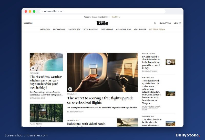 Condé Nast Traveller website homepage with its latest travel stories