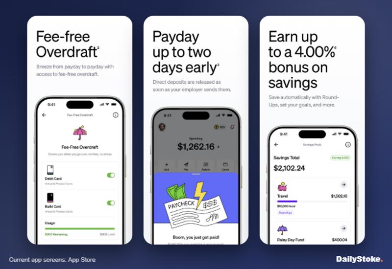 Current app overdraft, early payday and Savings Pods screens