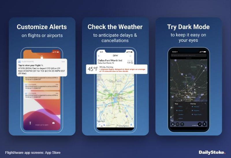 FlightAware app flight alerts, airport weather and dark-mode map