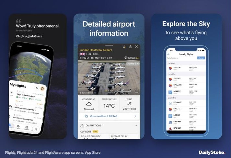 Best flight tracker apps compared: Flighty, Flightradar24 and FlightAware screens