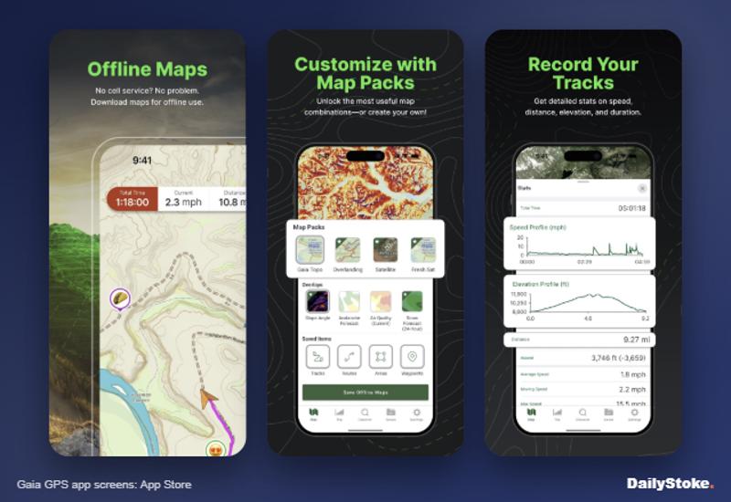 Gaia GPS app offline maps, map packs and track recording screens