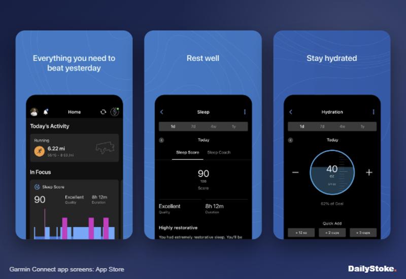 Garmin Connect app home, sleep and hydration screens