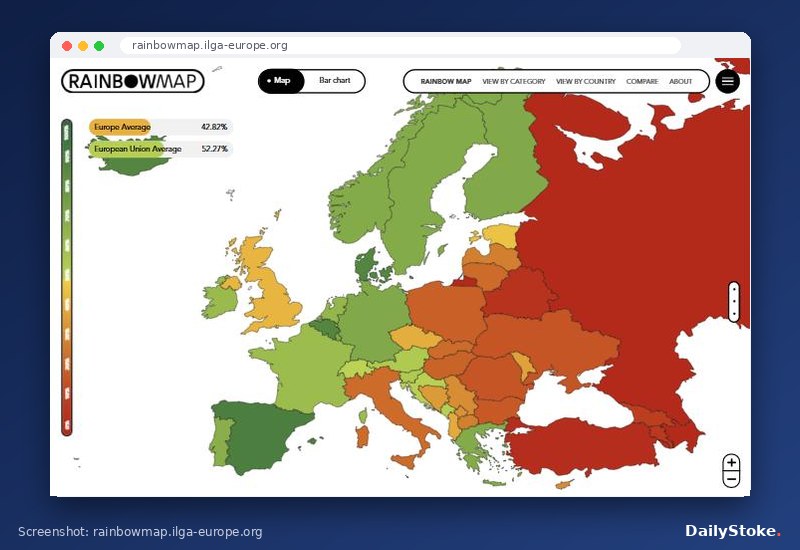 ILGA-Europe Rainbow Map 2026 showing LGBTQ rights across Europe
