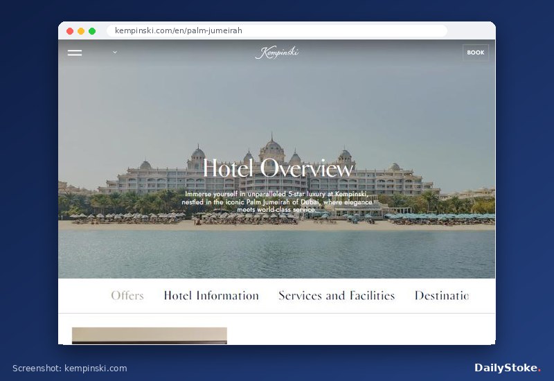 Kempinski Hotel and Residences Palm Jumeirah seen from the sea on the official overview page, kempinski.com