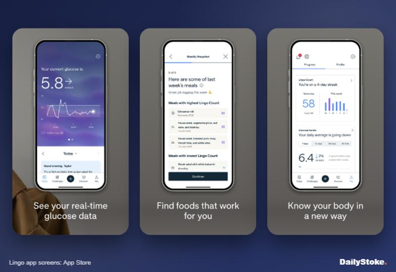 Lingo app glucose curve, meal insights and progress screens