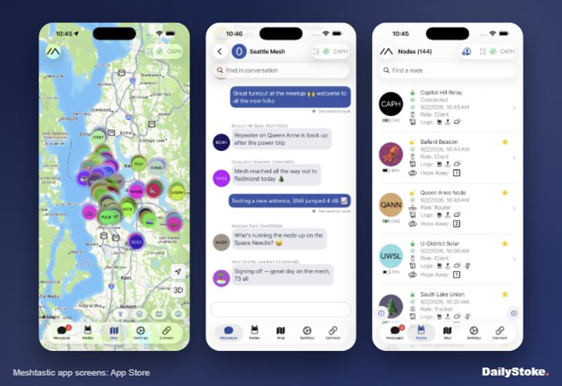 Meshtastic app node map, mesh messages and node list