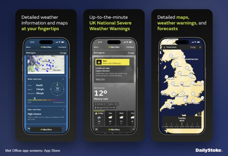 Met Office weather app with hourly wind, warnings and UK forecast map