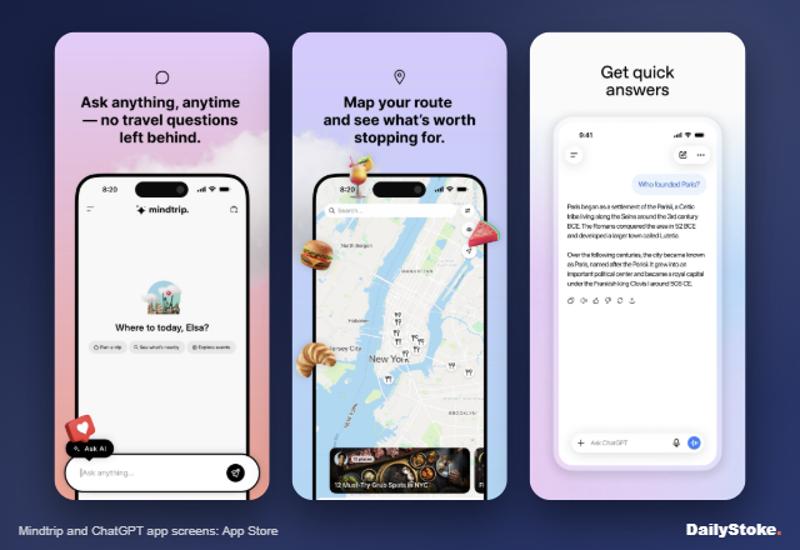 AI travel planner apps: Mindtrip chat and route map beside ChatGPT