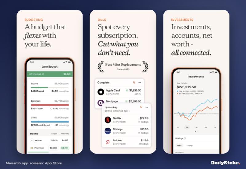 Monarch app budget, recurring bills and investments screens