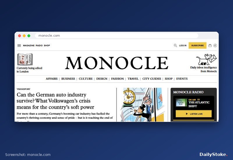Monocle website homepage with its city guides and travel sections