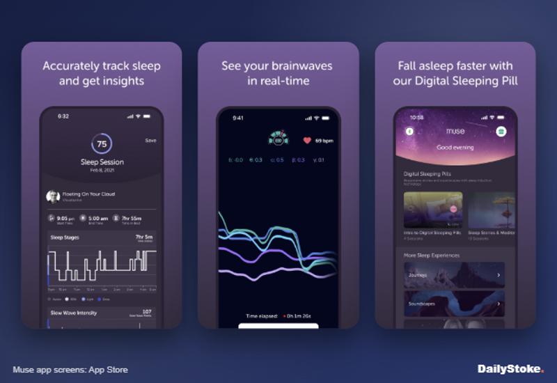 Muse app sleep session, live brainwaves and sleep content screens
