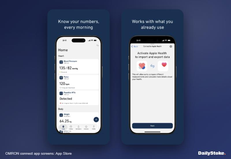 OMRON connect app showing blood pressure, pulse and Apple Health sync