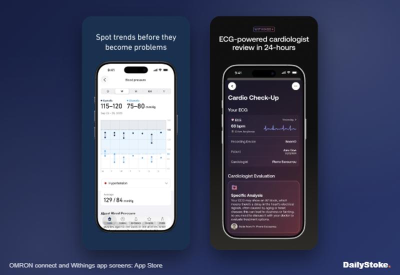 Blood pressure monitor apps: OMRON connect trends and Withings ECG check