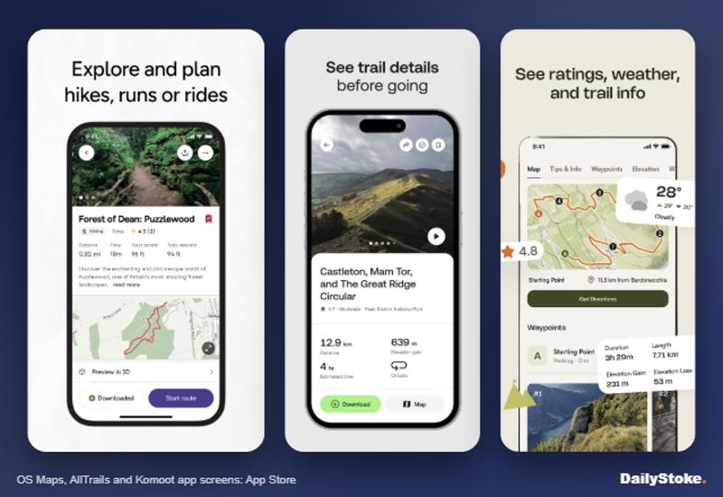 Best hiking apps compared: OS Maps, AllTrails and Komoot route screens