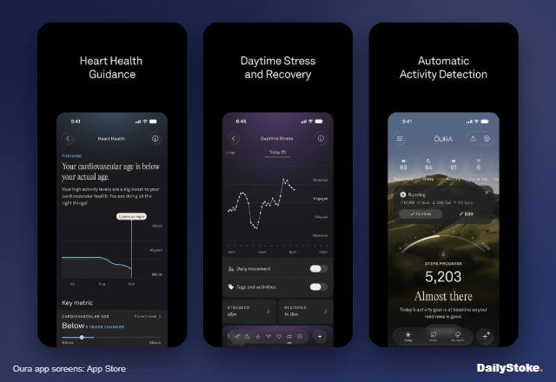 Oura app heart health, daytime stress and activity detection screens