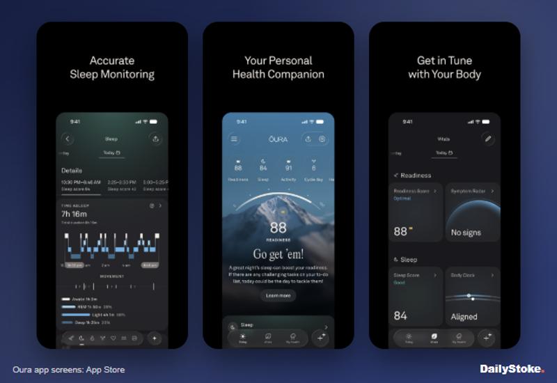 Oura app sleep details, readiness score and vitals screens