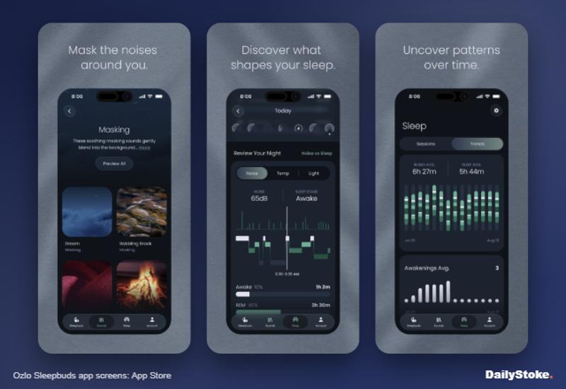 Sleep earbud app screens: Ozlo masking sounds, sleep report and trends