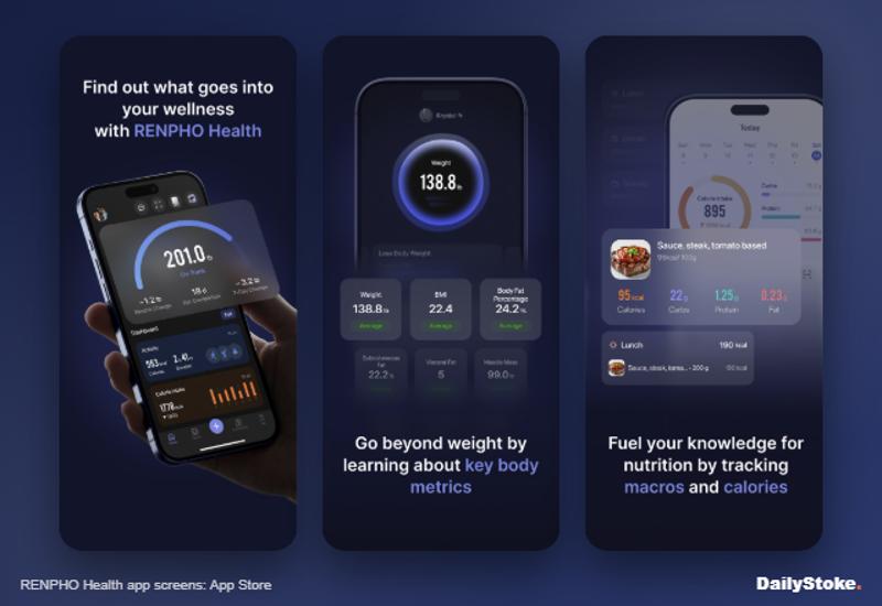 RENPHO Health app screens for the MorphoScan body composition scale