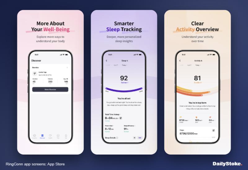 RingConn app sleep score, wellbeing and activity screens