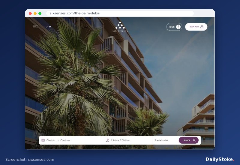 Six Senses The Palm Dubai resort page with its booking bar