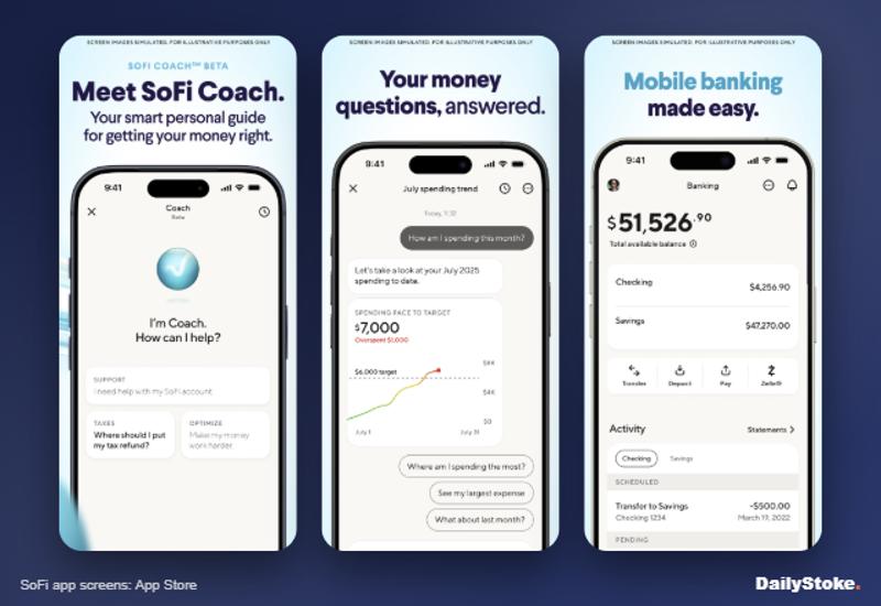 SoFi app banking dashboard and SoFi Coach screens