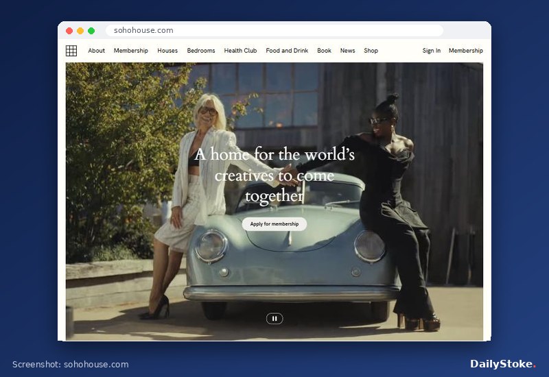 Soho House homepage with the Apply for membership button, sohohouse.com