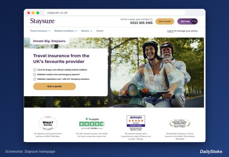Staysure travel insurance homepage with the quote button