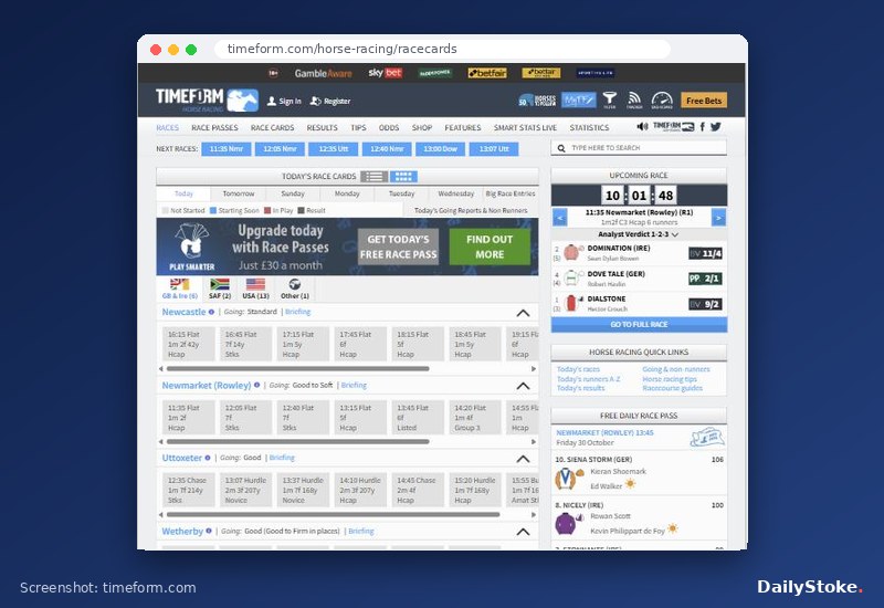 Timeform racecards page with today's meetings and Race Passes offer, timeform.com