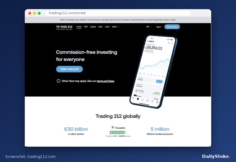 Trading 212 Invest homepage with capital at risk warning, trading212.com