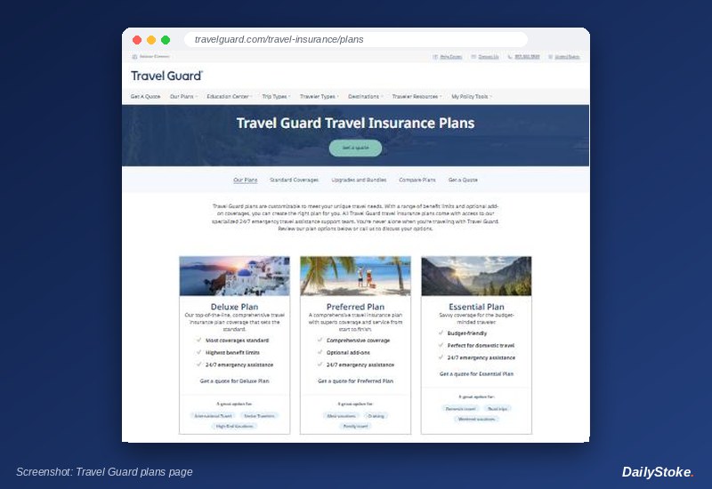 Travel Guard travel insurance plans page: Deluxe, Preferred and Essential