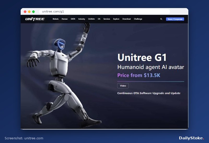 Unitree G1 humanoid robot product page showing its starting price