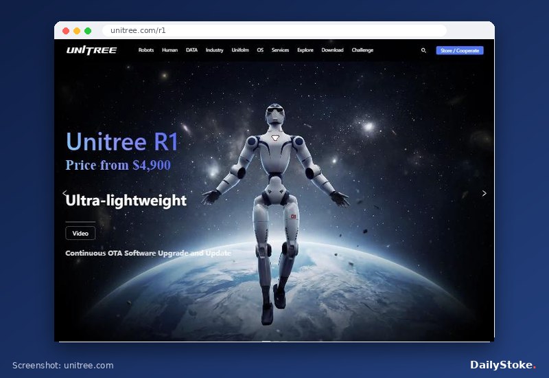 Unitree R1 humanoid robot product page with its starting price