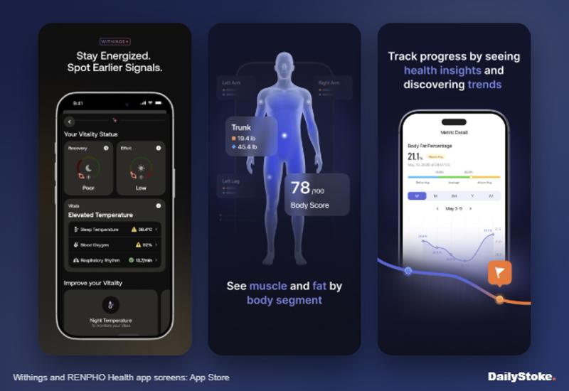 Smart scale apps showing body composition: Withings and RENPHO Health
