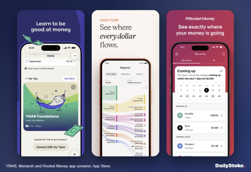 Budgeting apps compared: YNAB, Monarch and Rocket Money screens